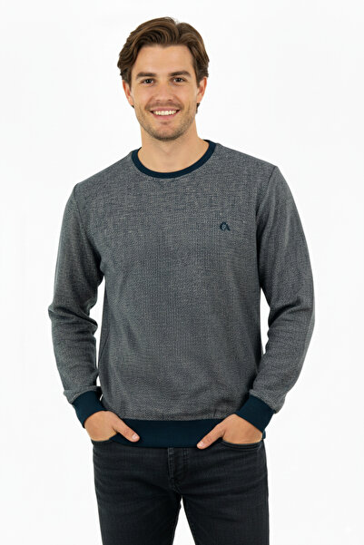 Oppland Мъжки зимен памучно-тъкан пуловер с кръгло деколте и бродирани дълги ръкави