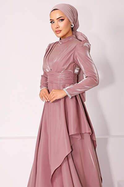 Olcay Taft Satin Hijab Evening Dress with Stone Embroidered Pleats and Flywheel Detail Gül 1215
