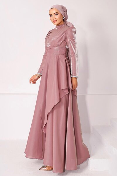 Olcay Taft Satin Hijab Evening Dress with Stone Embroidered Pleats and Flywheel Detail Gül 1215