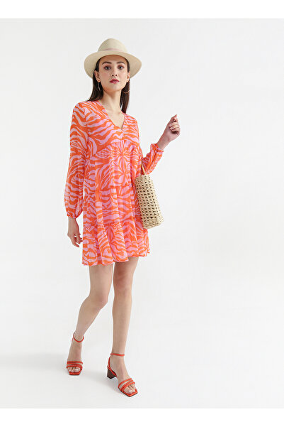 Fabrika V Yaka Desenli Pembe - Turuncu Mini Kadın Elbise BESTI