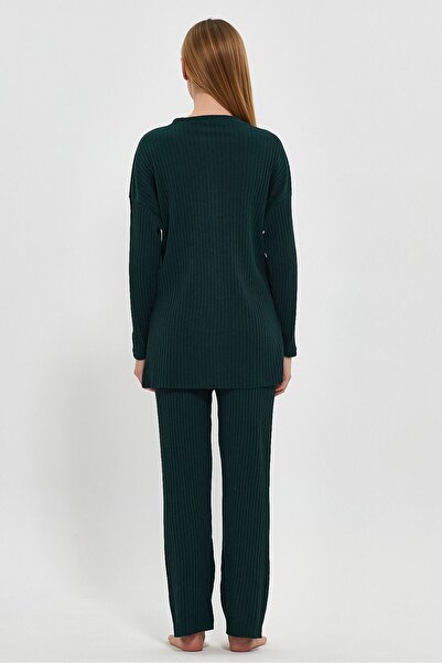 Oyga Dámske smaragdové dámske rebrované nohavice a tepláky, súprava pyžám na bežné domáce oblečenie