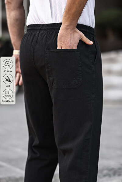 COMBİNE MİCHAİL Siyah Renk Erkek Yazlık Keten Karışımı Relaxed Pantolon - SİYAH