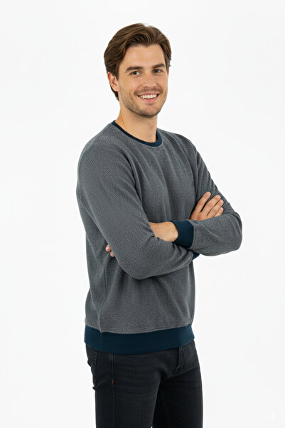 Oppland Мъжки зимен памучно-тъкан пуловер с кръгло деколте и бродирани дълги ръкави