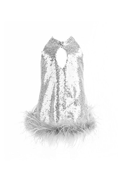 mon icone فستان مزين بالترتر من الريش