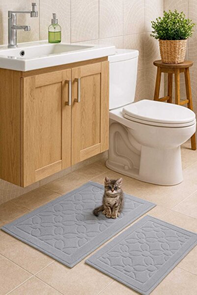 HOMEMOME Βαμβακερό χαλάκι μπάνιου λουλούδι σετ 2 τεμαχίων γκρι 60*100 & 50*60