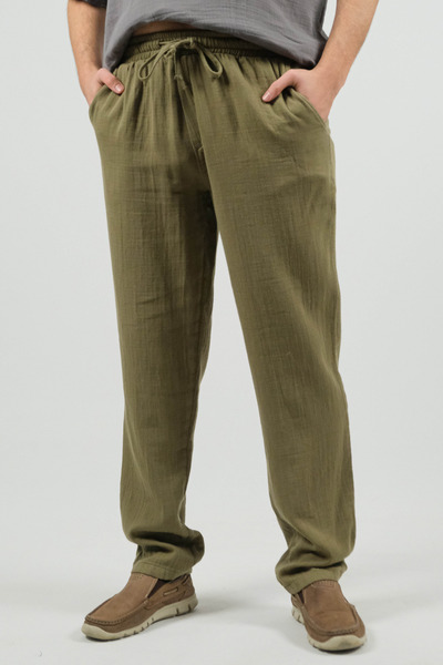 SİDE OTANTİK Unisex Regular Fit Elastic Waist Lace-Up Gabardine Khaki Trousers with Back Pockets