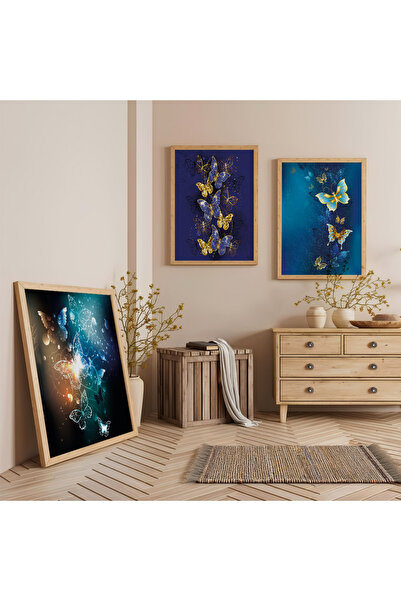 Zevahir Mobilya Dekorasyon Set de pictură triplă din lemn cu fluturi colorate...