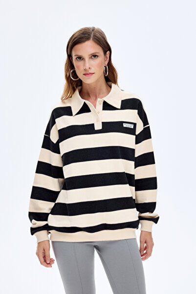 Quzu Polo Yaka Çizgili Oversize Sweatshirt Bej