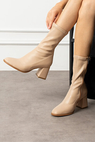 Güllü Shoes Μπεζ Stretch Μπότες Γυναικείες με χοντρό τακούνι με φερμουάρ Άνετες καθημερινές και κομψές μπότες με τακούνι Vegan για συνδυασμούς