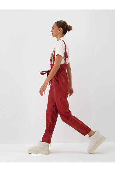 Xint Kadın Kırmızı Deri Görünümlü Regular Fit Salopet