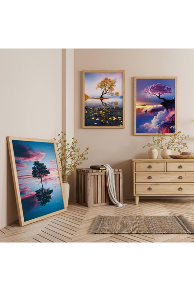 Zevahir Mobilya Dekorasyon Set de pictură triplă din lemn cu copaci colorați ...