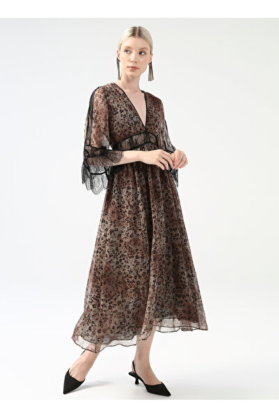 Fabrika V Yaka Desenli Kahve - Bej Midi Kadın Elbise YMN-6