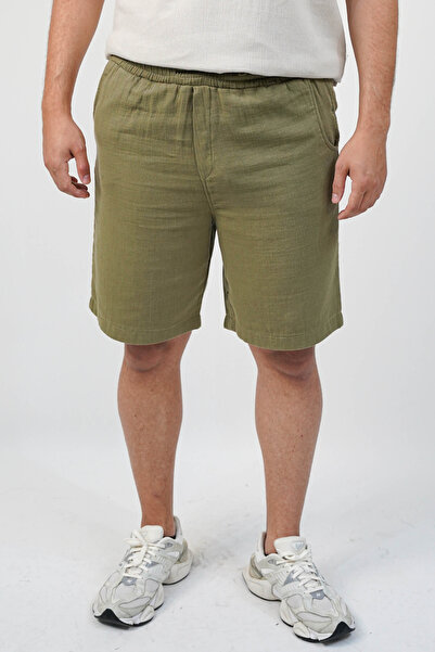 SİDE OTANTİK Men's Gabardine Bermuda Khaki Shorts – Regular Fit, Elastic Waist with Laces, Side Pockets