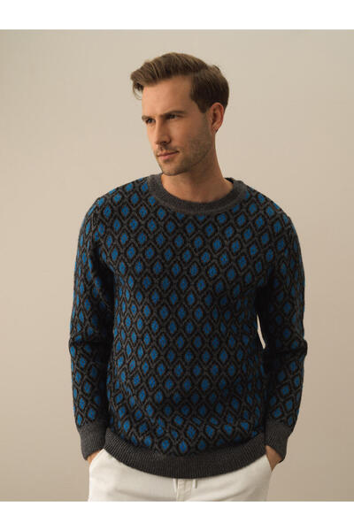 Xint Erkek Koyu Gri Dokulu Lüks Pamuk Dokulu Regular Fit Kazak