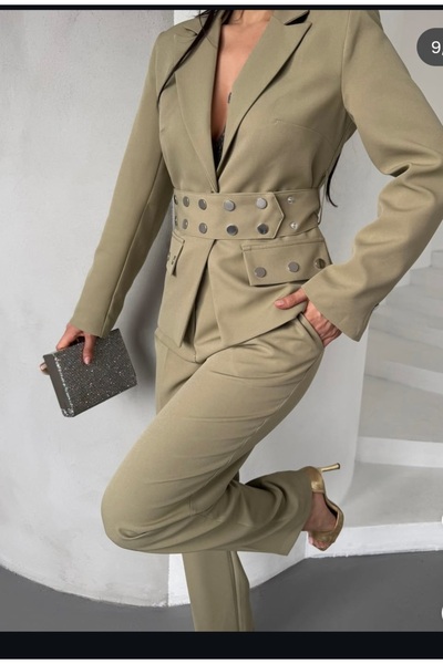 ZENNE MODA Kadın ceket pantolon ikili takım haki renk kemer detaylı