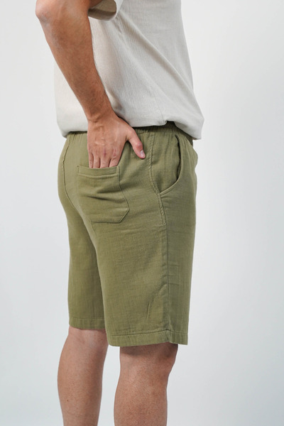 SİDE OTANTİK Men's Gabardine Bermuda Khaki Shorts – Regular Fit, Elastic Waist with Laces, Side Pockets