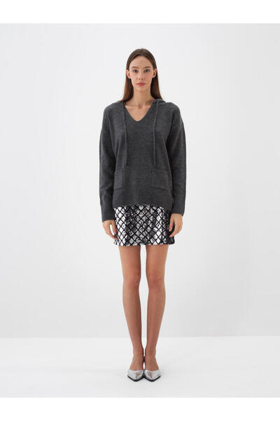 Xint Kadın Antrasıt Mohair Kapüşonlu Kazak