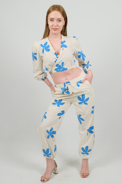 SİDE OTANTİK Flam Linen Floral Pattern Tie-Up Double Breasted Crop Blouse & Elasticated Leg Jogger Pants Two-Piece Set