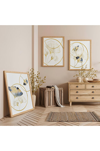 Zevahir Mobilya Dekorasyon Ahşap Çerçeveli Altın Hatlar Üçlü Ahşap Tablo Seti