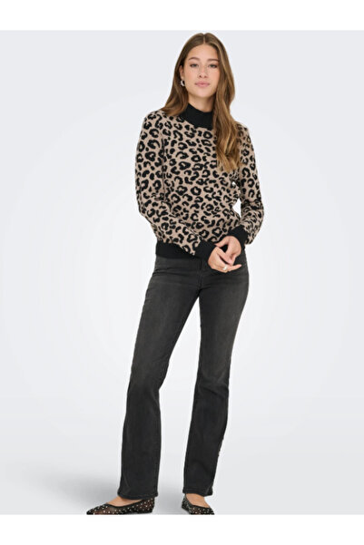 ONLY Onlibi JQ LS Плетен дамски пуловер с висока яка и леопардов принт