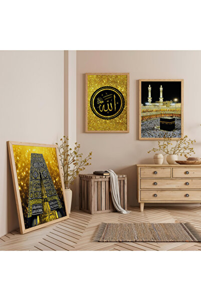 Zevahir Mobilya Dekorasyon Ahşap Çerçeveli Kabe Ve Allah Lafzı Üçlü Ahşap Tab...