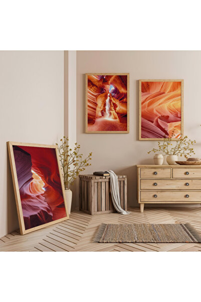 Zevahir Mobilya Dekorasyon Ahşap Çerçeveli Kanyonun Sıcaklığı Üçlü Ahşap Tabl...