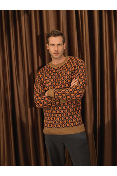 Xint Erkek Camel Regular Fit Desenli Kazak