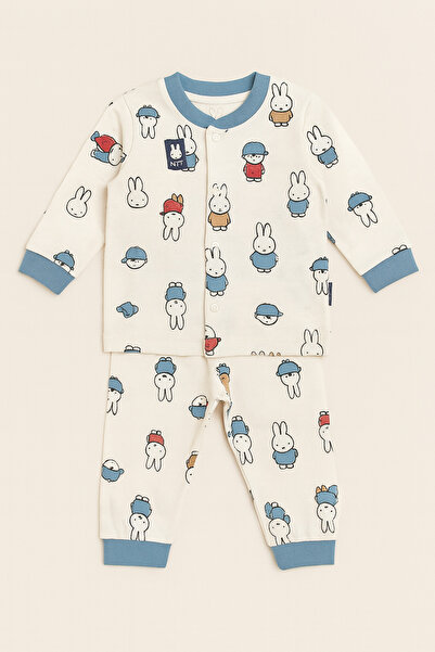 Uğur bebe %100 pamuk (6ay-24ay) Bebek Pijama Takımı – Önden Çıtçıtlı, Mavi Detaylı,Rahat Uyku Kıyafeti