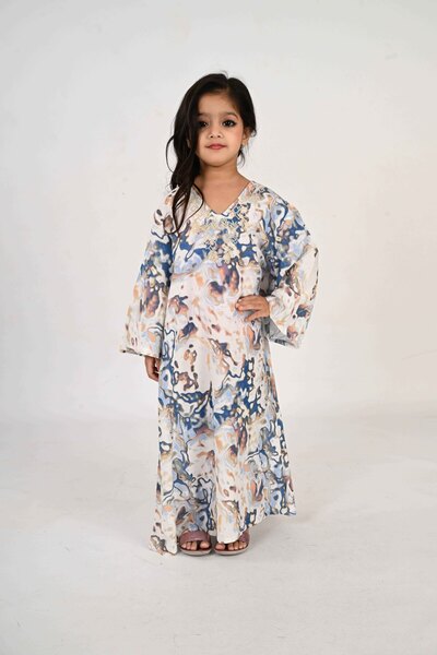 LINELLE Kids Jalabiya – Blue and White Abstract Print and Embroidery Detailing