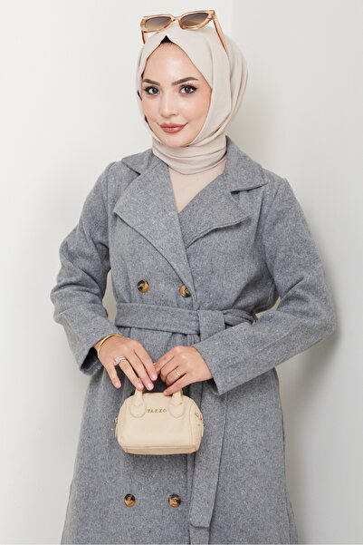 Bestenur Feral Belted Cashew Coat 1306 - Gray