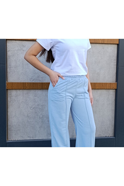 siyalife Γυναικείο ριγέ ψηλόμεσο φαρδύ παντελόνι με τσέπες μπλε