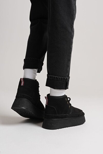 Esilapark heribo siyah black süet kadın içi yünlü kalın tabanlı bağcıklı kürklü lukury süet bot