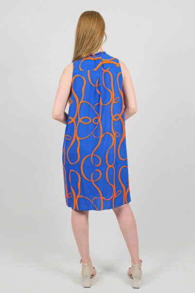 SİDE OTANTİK Hakim Collar Patterned Viscose Sleeveless Midi Buttoned Blue Dress