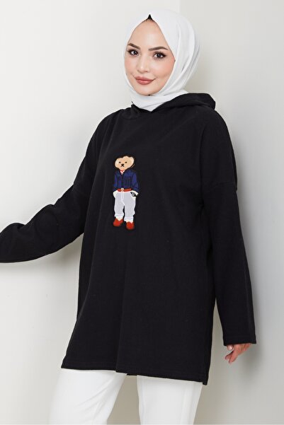 Bestenur Asiya Oversize Bear Embroidered Hooded Tunic 1335 - Black