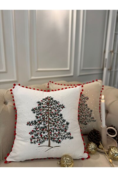 busrasdesign Husă de pernă albă cu pompon mic brodat cu pin