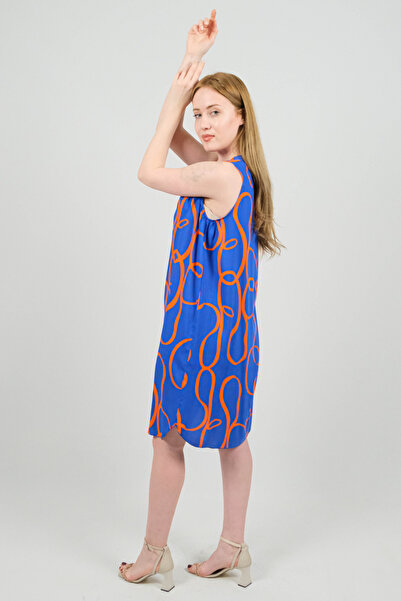 SİDE OTANTİK Hakim Collar Patterned Viscose Sleeveless Midi Buttoned Blue Dress