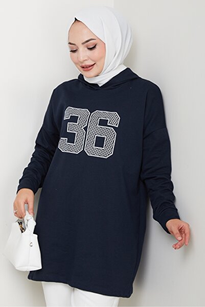 Bestenur Kapüşonlu Baskılı Tesettür Tunik 1214 - Lacivert