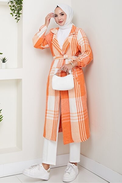 Bestenur Nevin Double Pocket Double Breasted Collar Hijab Cardigan 405 - Orange