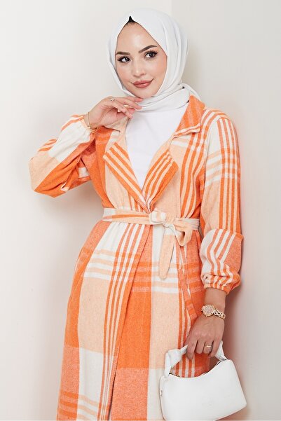 Bestenur Nevin Double Pocket Double Breasted Collar Hijab Cardigan 405 - Orange