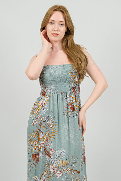 SİDE OTANTİK Rochie lungă verde apă din viscoză, cu bretele groase, cu model ...