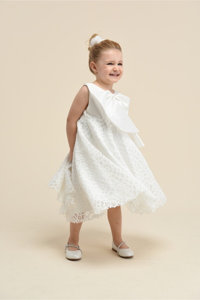 ChatonDor Yakası Fiyonklu Dantel Etekli Kız elbise