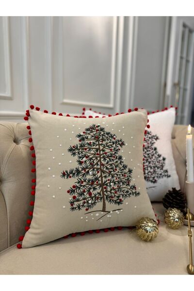 busrasdesign Pine Embroidered Small Pompom Beige Throw Pillow Cover