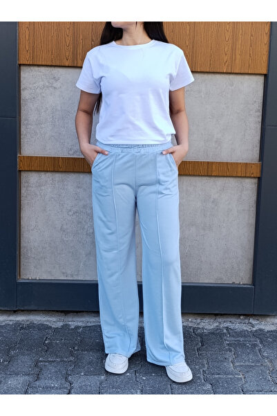 siyalife Γυναικείο ριγέ ψηλόμεσο φαρδύ παντελόνι με τσέπες μπλε