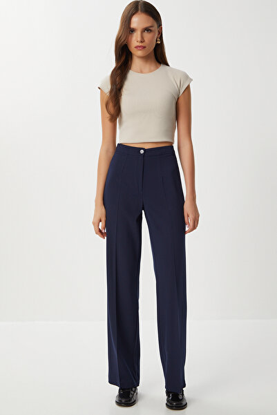 Lovelyİstanbul Stitched Straight Polyviscon Trousers Lgp0023 Dark Blue