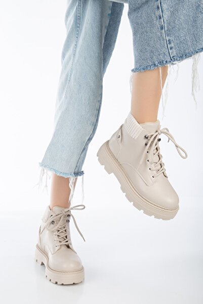 Hayalimdeki Ayakkabı Kadın Krem Cilt Cat Bağcık Detaylı Bot