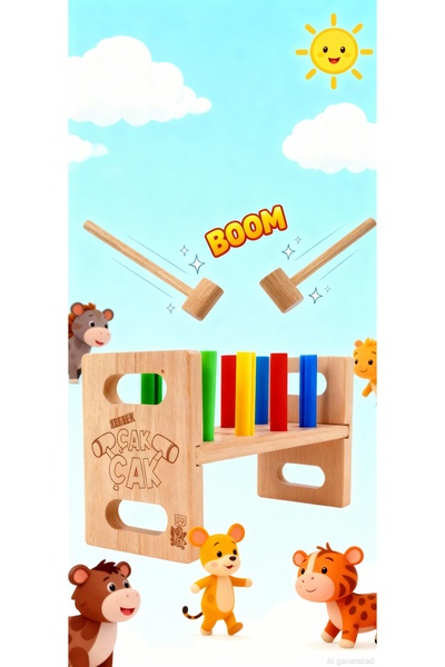 AyasEğiticiOyuncak 8 Çivili Renkli Ahşap Çak Çak Çekiç Vurma Oyunu