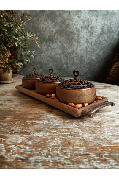 tios home Wooden Presentation Set with Copper Lid Serving Tray with 3 Bowls and Beech Stand with Handles