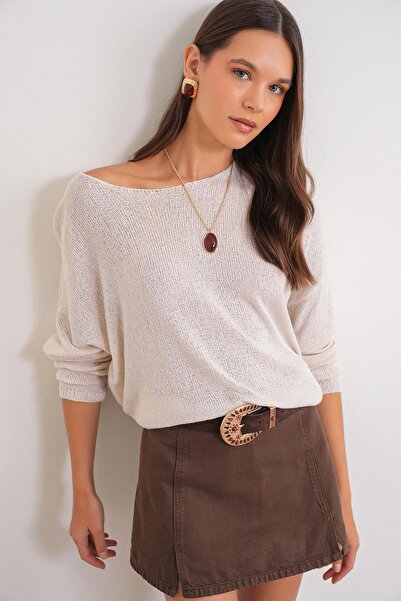 Mixray 6933 Women's Boat Neck Thin Seasonal Knitwear Sweater Sand Beige