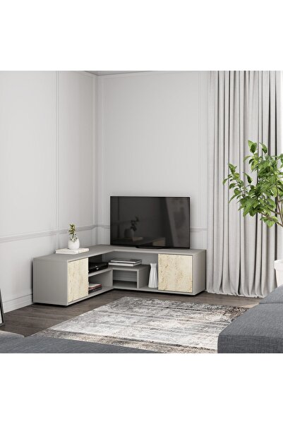 İNARCH DİZAYN Roza Kapaklı, Açık Raflı Köşe Tv Ünitesi, Tv Sehpası Sis Gri/tr...