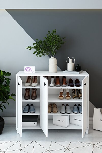 Morpanya Mansi 3 Kapaklı Ayakkabılık Çok Amaçlı Dolap Fortmanto Raflı Vestiyer Beyaz